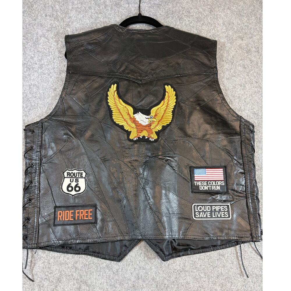 Diamond Plate Genuine Buffalo Leather Biker Vest Mens XL Black Route 66 Eagle